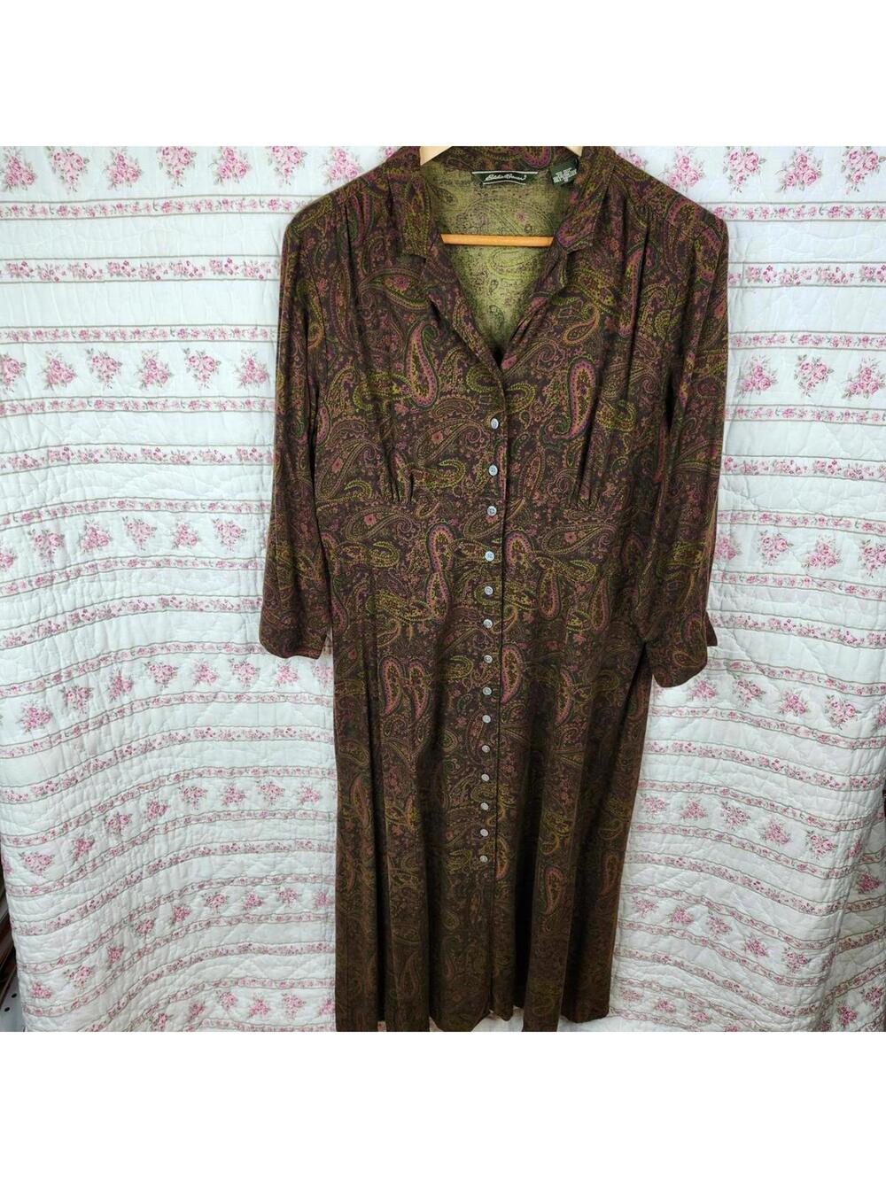 Vintage Eddie Bauer Paisley Midi Dress with Button Front Tall 12